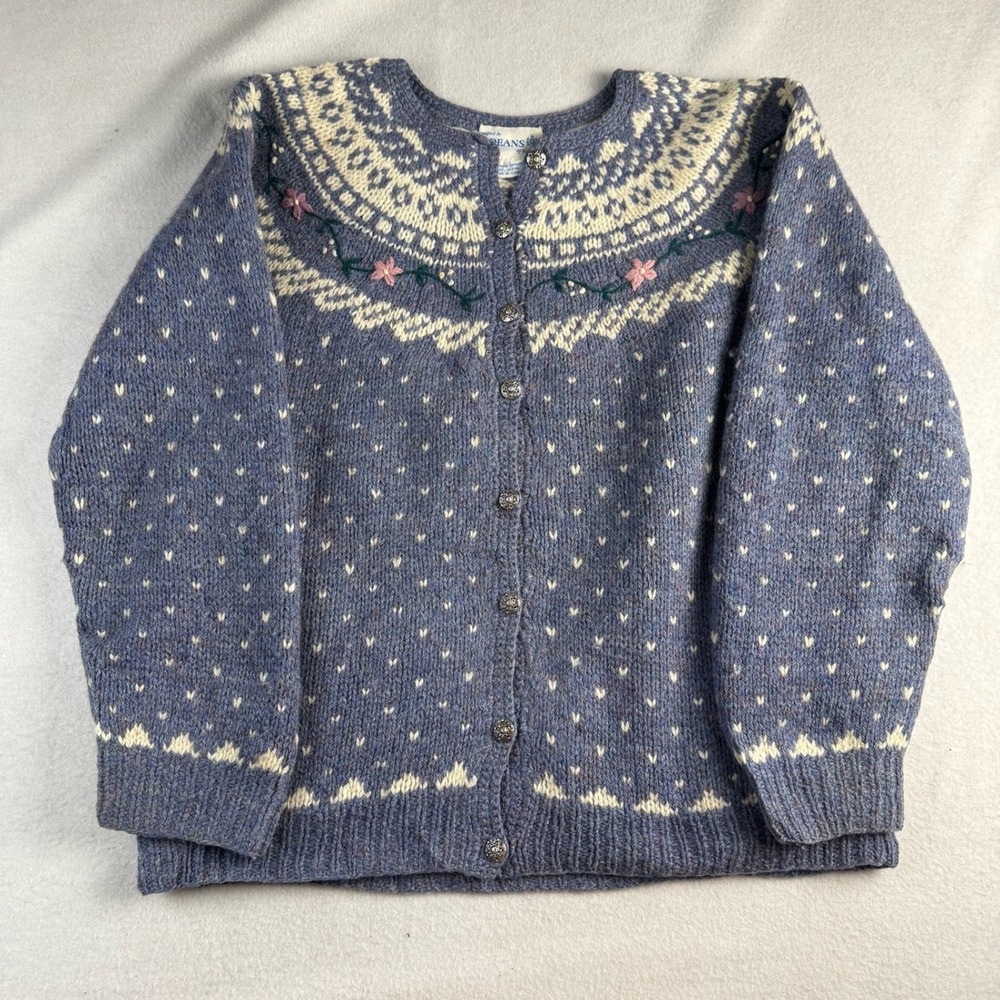 Deans of Scotland Vintage Shetland Wool Fair Isle Floral Cardigan Blue L